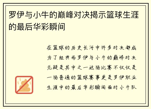 罗伊与小牛的巅峰对决揭示篮球生涯的最后华彩瞬间